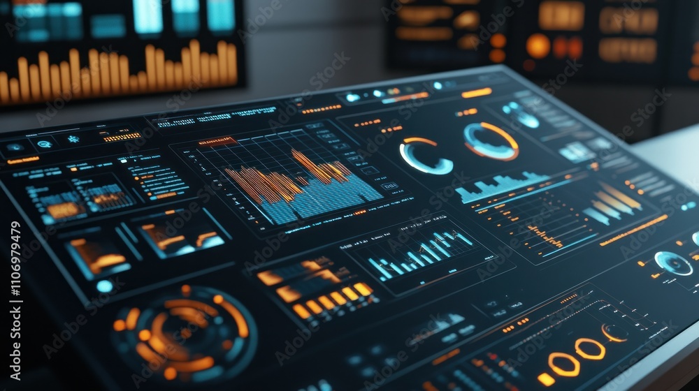 Poster A futuristic dashboard displaying data visualizations and analytics.