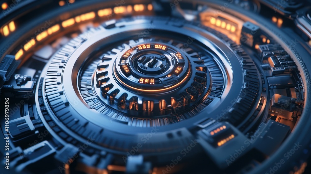 Poster a futuristic, intricate mechanical design with glowing elements and circular patterns.