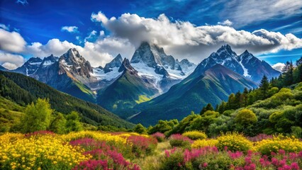 Fototapeta premium Scenic View of Four Girls Mountain in Aba Prefecture, Sichuan Province, China - Majestic Peaks, Lush Greenery, and Breathtaking Landscapes Captured in the Rule of Thirds for Nature Lovers