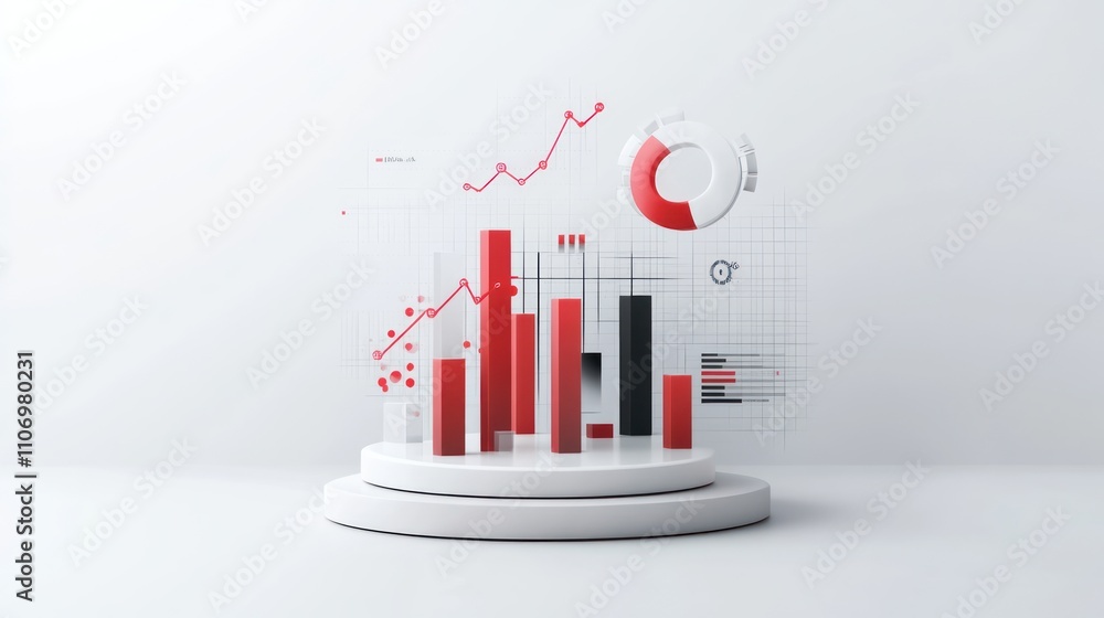 Aufkleber 3D data visualization with red and black bar graphs and circular charts on a white background.
