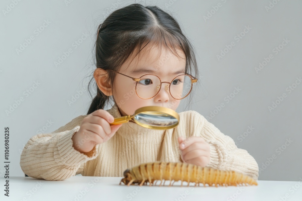 Poster a child examines a large insect with a magnifying glass, showcasing curiosity and exploration.
