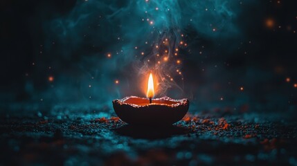 A Single Candle Flame Illuminates a Dark, Smoky Background with Glowing Particles