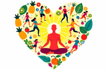 In the center of the painting is a figure sitting in a meditative pose, surrounded by figures engaged in sports, with heart-shaped fruits and vegetables scattered around.