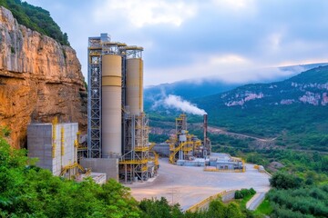 Industrial Cement Plant Surrounded by Lush Green Mountains with Smoke Emitting from the Chimney Under a Cloudy Sky at Dawn