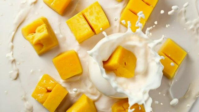 Ai-generated illustration of fresh mango slices and smooth milk splashes