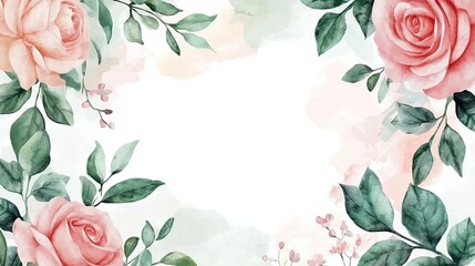 Watercolor wedding invitation template with roses, leaves, and floral botanical elements—ready-to-use card design featuring watercolor background frame
