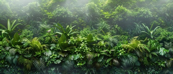 Naklejka premium A lush, green wall of tropical foliage surrounded by mist, creating a serene and vibrant natural atmosphere.
