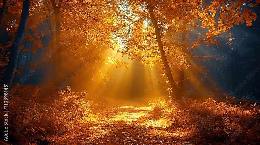 Poster a golden forest scene in autumn with sunlight filtering through the leaves, creating an inviting and