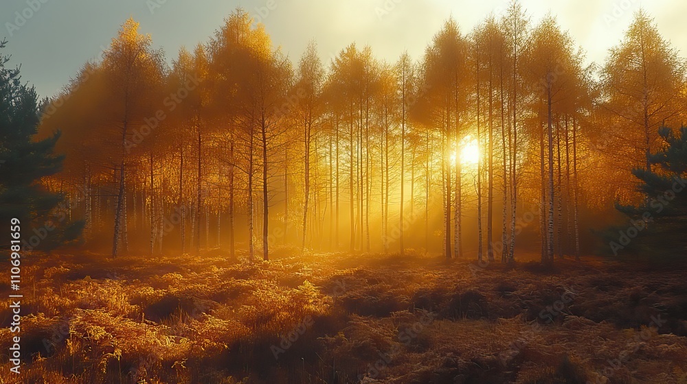 Poster a golden forest with tall trees and sunlight filtering through their branches, creating a vibrant au