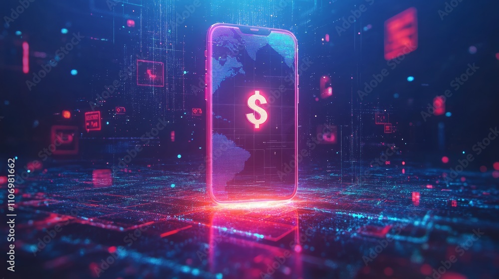 Poster Global finance app on smartphone screen displaying a dollar sign, surrounded by digital data.
