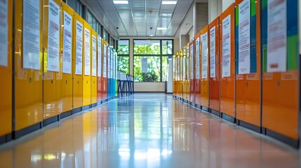 Vibrant corridor of informational boards illustrating policy-related content in a modern educational or office environment with bright colors and natural light.