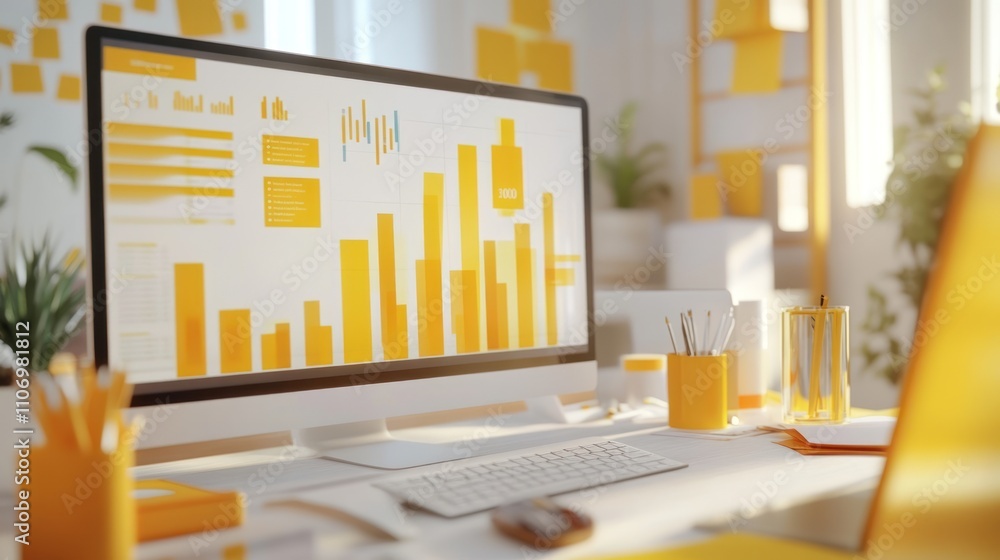 Aufkleber A bright workspace featuring a computer displaying data visualizations in yellow tones.