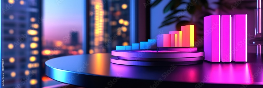 Aufkleber A colorful data visualization setup with bars and graphs against a cityscape backdrop.