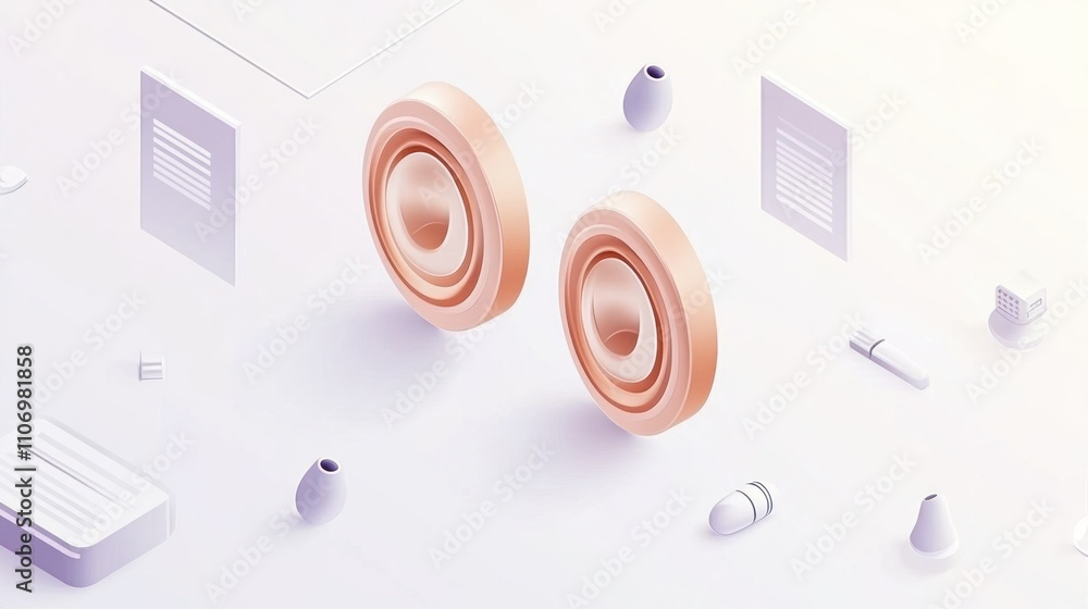 Poster abstract illustration of speakers surrounded by minimalist objects and documents.