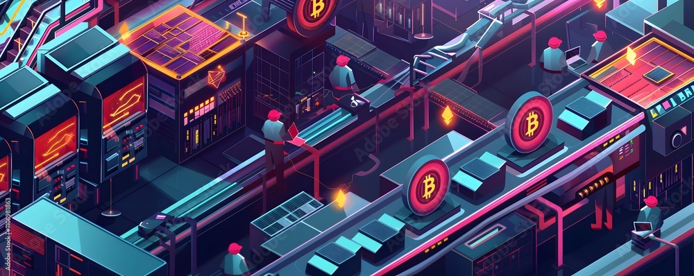 Poster futuristic bitcoin mining factory workers operate complex machinery
