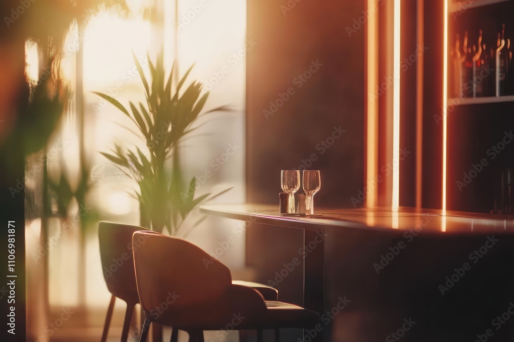 Poster a cozy bar setting with glasses on a table, illuminated by warm light.