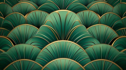 A shimmering, metallic wallpaper with an Art Deco-inspired geometric pattern in shades of gold and green, creating a sense of opulence and glamour. 