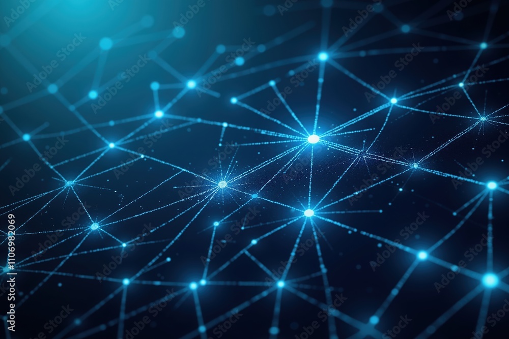 Poster futuristic digital network with glowing blue nodes and connecting lines in a dark space.