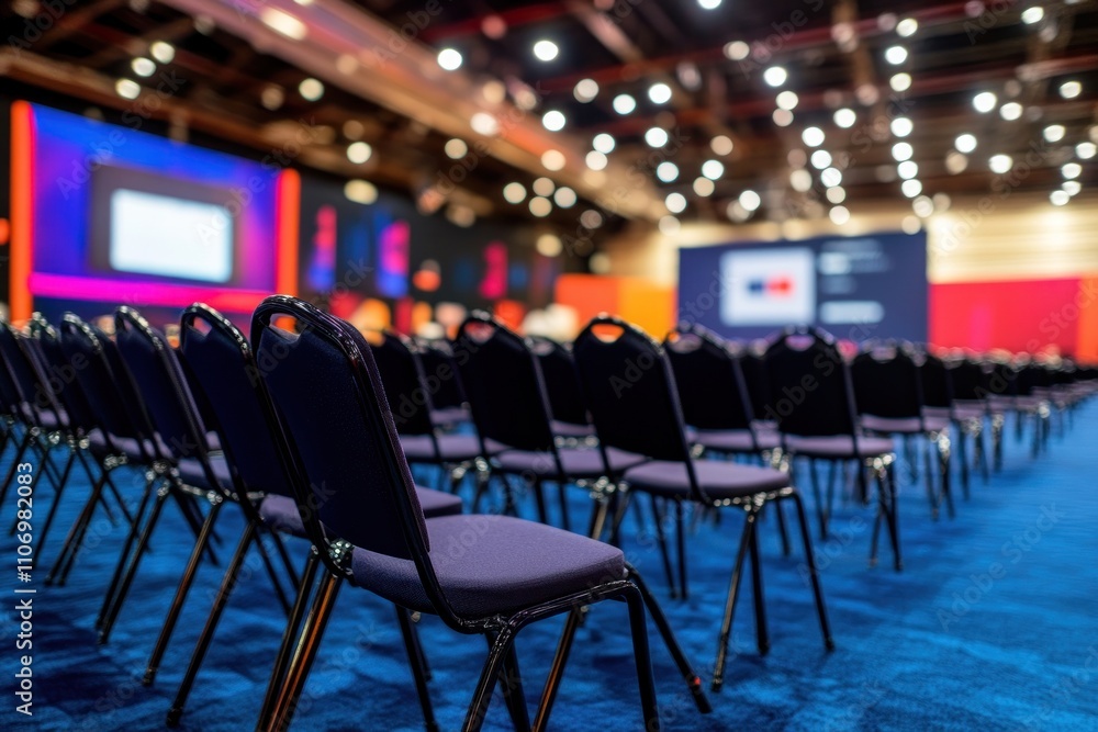 Poster A row of empty chairs set up for an event in a spacious conference hall.
