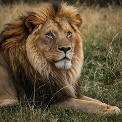 Fototapeta premium A majestic lion resting in short grass, its golden mane contrasting with the white background.