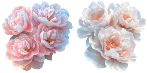 A pair of elegant peony flowers with soft pink and white petals, showcasing intricate details and delicate textures.