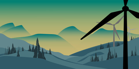 landscape vector illustration, windmill power plant in mountainous area
