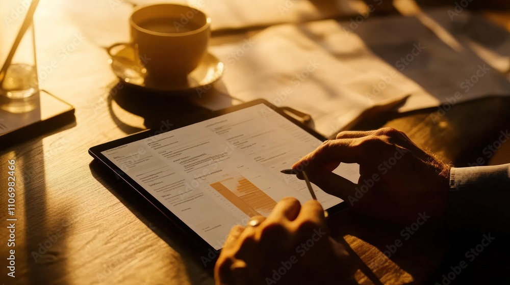 Aufkleber a person using a tablet to analyze data, with a coffee cup in the background.