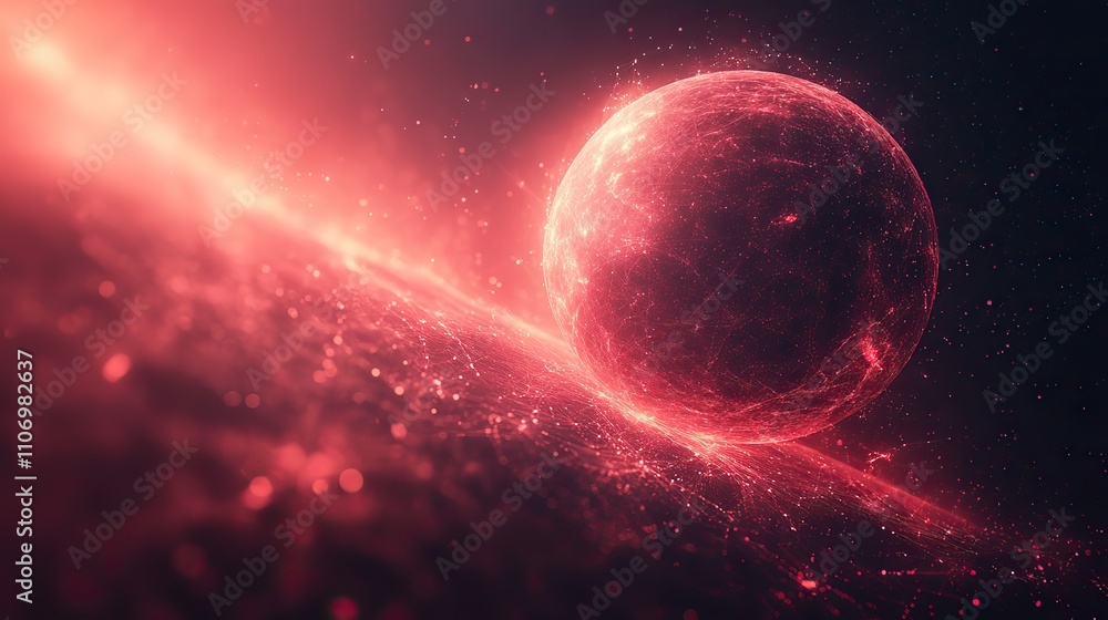 Poster a gradient red-to-black background displays a digital sphere planet