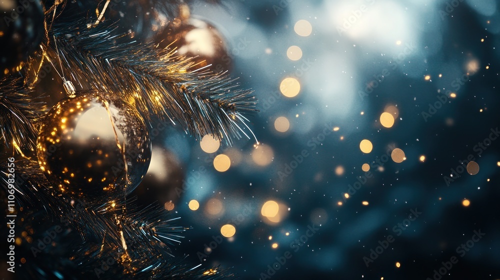 Poster a close-up of a festive christmas tree with shimmering ornaments and soft bokeh lights.