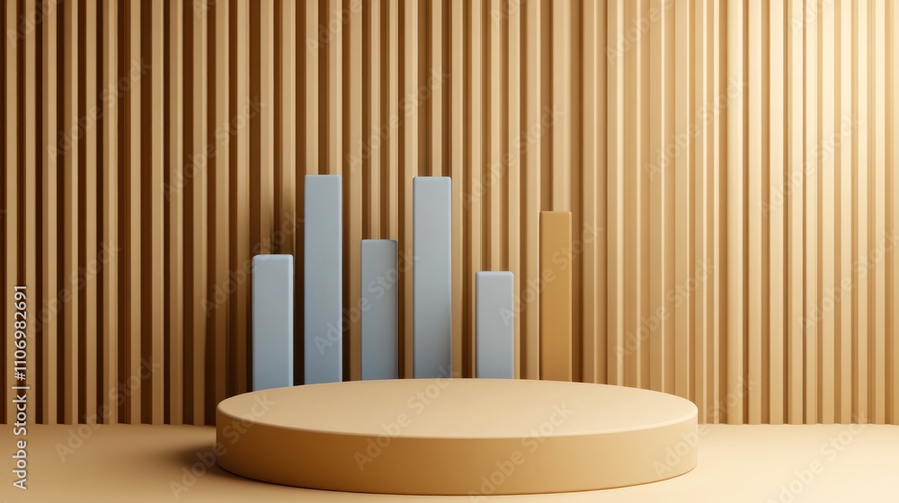 Fototapete a minimalist presentation scene with bar graphs on a circular podium against textured walls.