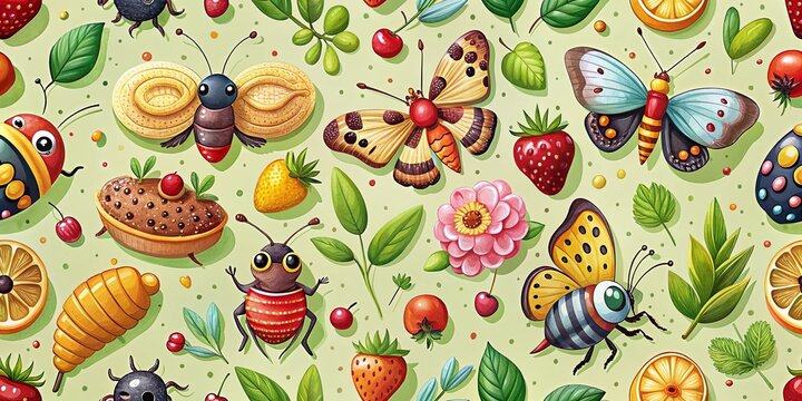 Kawaii Cute Insects Pattern on Light Background for Fun Food Photography and Decor Inspiration