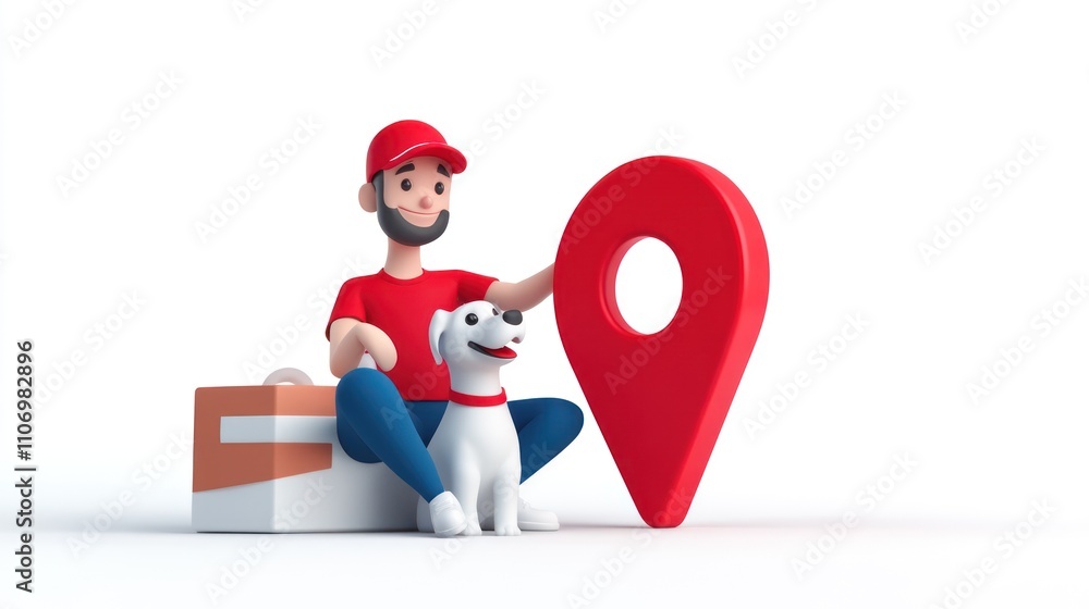 Poster a stylized character with a dog and a location pin, symbolizing delivery or travel services.