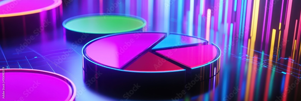 Poster colorful pie charts and data visualizations in a vibrant digital environment.