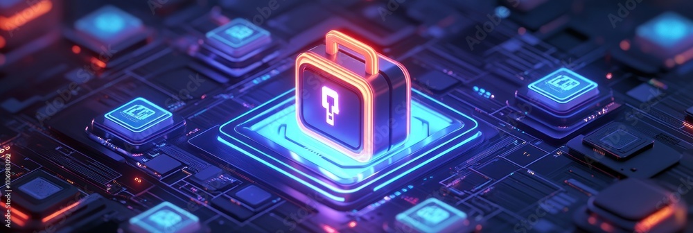 Fototapete digital representation of a secure data storage icon on a circuit board background.