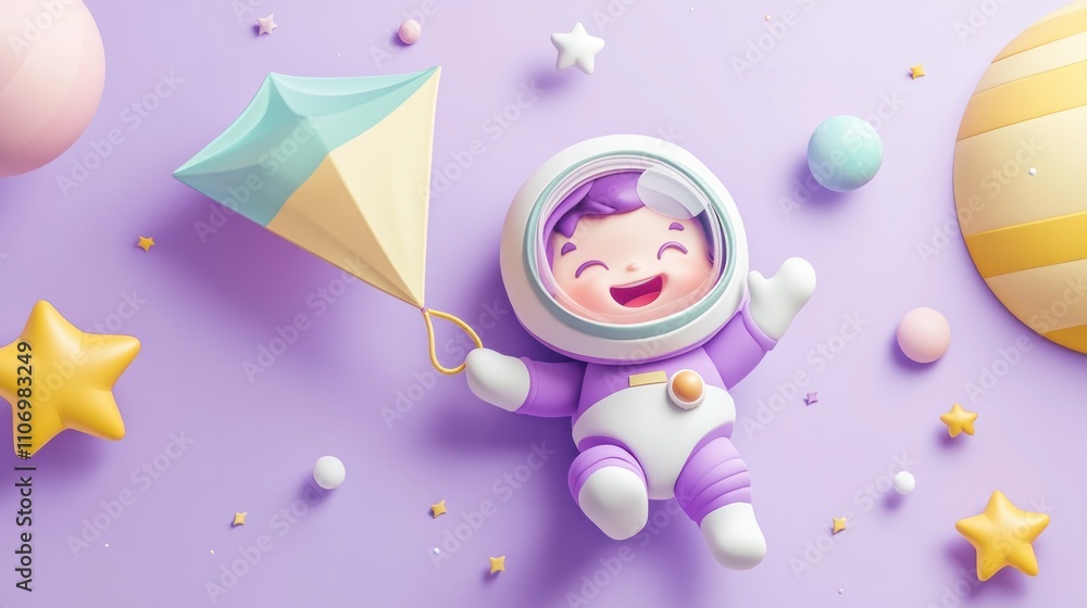 Poster a cute astronaut character joyfully holding a colorful parachute among celestial objects.