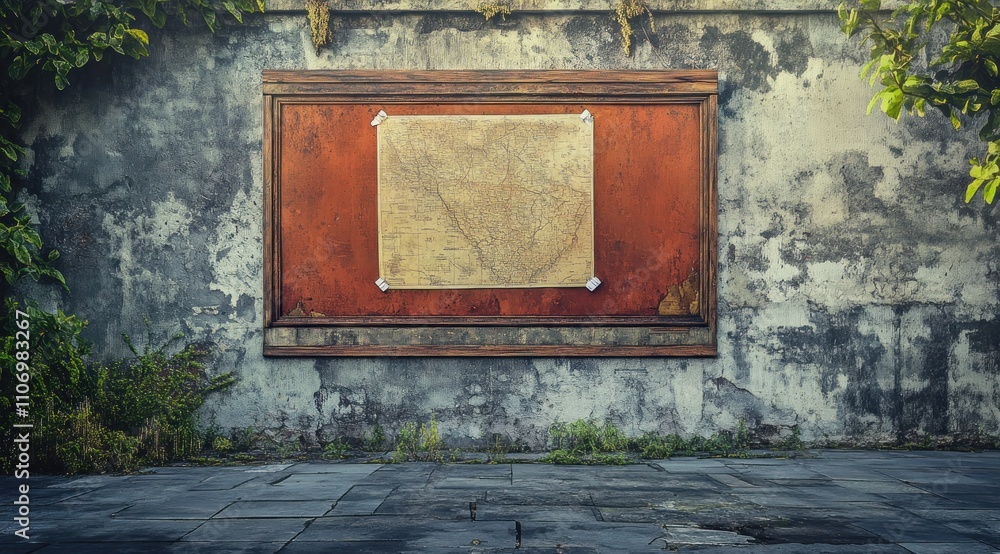 Poster A weathered wall displays an old map, surrounded by greenery and rustic textures.
