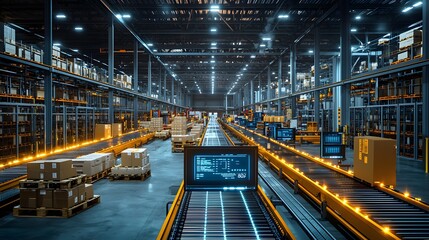 Obraz premium Advanced Warehouse Floor with Automated Conveyors Enhancing Logistics Efficiency and Streamlining Operations in a Modern Distribution Center