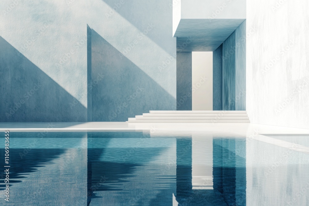 Poster a serene architectural space with water reflections and geometric shapes.
