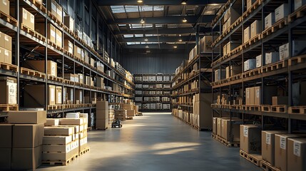 Spacious warehouse interior setup for optimal inventory management and growth, highlighting organized shelves filled with storage boxes and products.