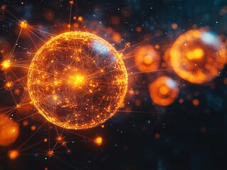 A vibrant, glowing representation of a molecular or atomic structure, showcasing interconnected particles in a dark, cosmic background.