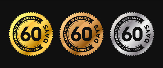 60 Days warranty icon in gold circle with circular text. Sixty months warranty label in gold, bronze, silver colors. Vector illustration
