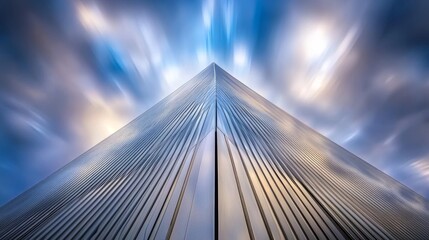 Sleek modern skyscraper rising into cloudy sky from low-angle perspective