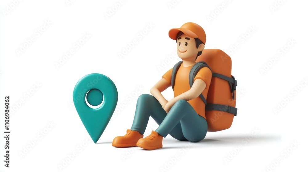 Poster a stylized character with a backpack sits beside a location pin, symbolizing travel and exploration.