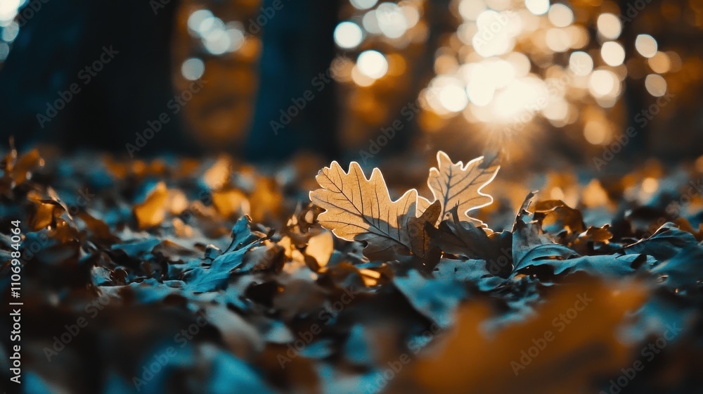 Poster a close-up of autumn leaves on the forest floor, illuminated by soft sunlight.