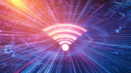 Futuristic Wifi 7 Technology Concept with Swirling Light Patterns and Geometric Shapes in Vibrant 3D Rendered Artwork