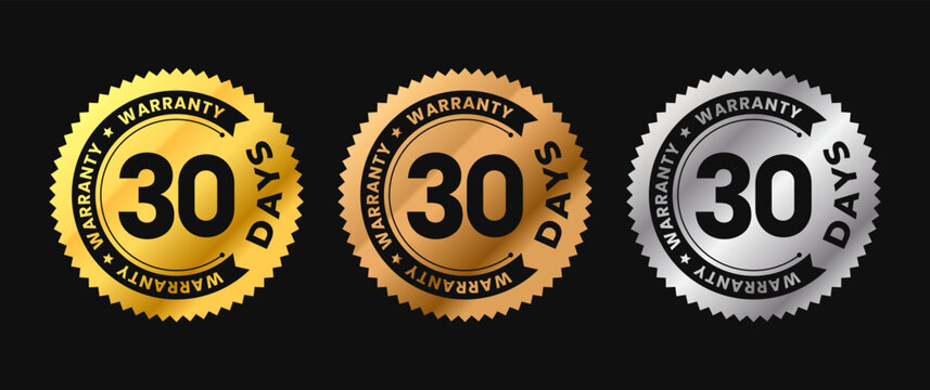 30 Days warranty icon in gold circle with circular text. Thirty months warranty label in gold, bronze, silver colors. Vector illustration