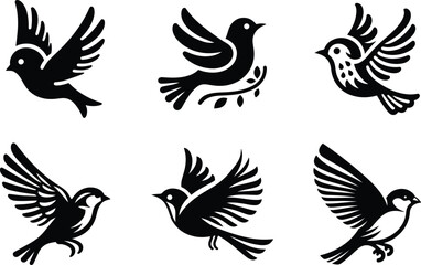 Birds silhouette vector set illustration, flying bird black collection