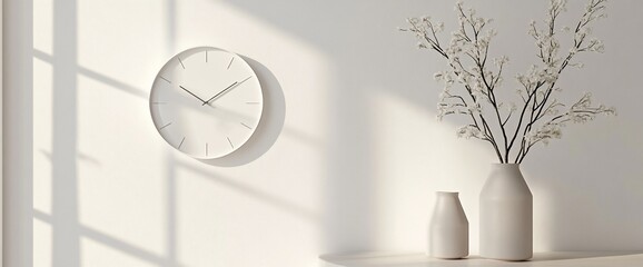 A minimalist interior featuring a wall clock and decorative vases.