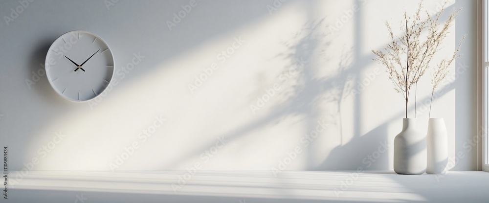 Aufkleber a minimalist interior with a clock and vases casting soft shadows.