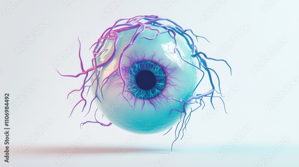 Poster a surreal 3d rendering of an eyeball with colorful, organic tendrils.
